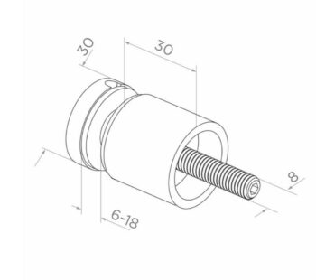 Punktkinnitus klaasile d=30mm; pikkus 30mm, keere M8, AISI 304, Satiin - Image 4