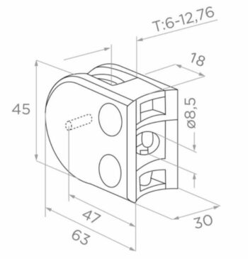 Klaasikinnitus 63D3 klaasile 8-12,76mm, kinnitus ümarale 42,2 profiilile, AISI 304, Satiin, tugiplaat - Image 2