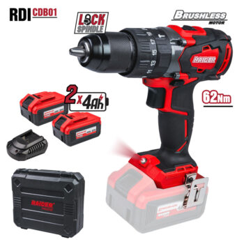 Raider Industrial harjadeta akutrell 20V, 62 Nm, 2×4Ah aku ja kohver – RDI-CDB01