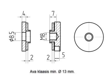 Punktkinnitus klaasile d=30mm; siledale profiilile; keere M8, klaasile 4-16mm, AISI 304, Satiin - Image 3