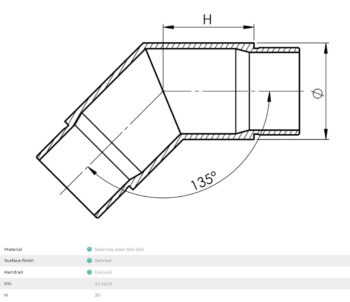 Põlv 135 kraadi, ümar torule 42,4 * 2mm, H=30mm, AISI 304, Satiin - Image 3