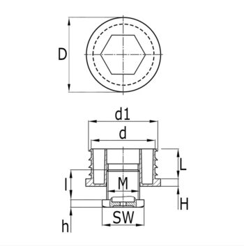 Keermega ümar+ jalg; PKJ 20mm, seinale 1,0-1,5mm; plastik keere M12*30mm; kaalule 150kg, RAL9005 (MUST) - Image 2