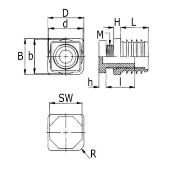 Keermega nelikant + jalg; PKJ 30*30mm, seinale 1,5-2,0mm; plastik keere M22 * 60mm; kaalile 300kg, RAL9005 (MUST) - Image 2