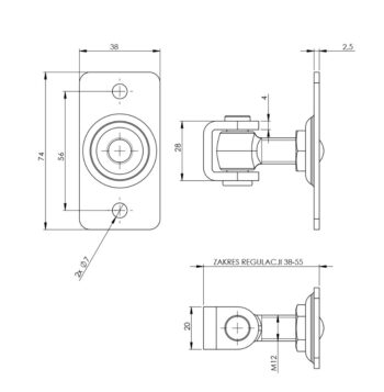 Hing M12 ankruplaadiga 38*74mm, tsink, kahe avaga, kandevõime 40kg (2 hinge) - Image 3