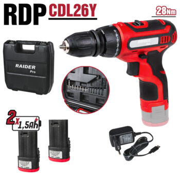 Raider akudrell RD-CDL26 – 12V, 2 käiku, 2x1,5 Ah, 28 Nm, tarvikud ja kohver