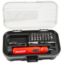Raider RD-CSC05 akukruvikeeraja – 3,6V, 1,5 Ah, pöördfunktsioon, USB-C, 26 tarvikut karbis