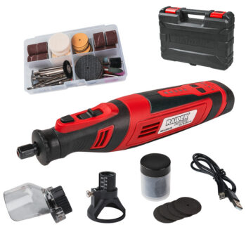 Raider RD-CMG16 akutoitega miniotsfrees – 8V, 2Ah, muudetav kiirus, 127 tarvikut, USB-C laadimine