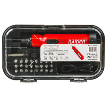 Raider RD-CSC05 akukruvikeeraja – 3,6V, 1,5 Ah, pöördfunktsioon, USB-C, 26 tarvikut karbis - Image 2