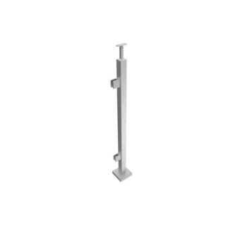 Roostevaba post 40x40 mm H1000 mm – klaasikinnitused klaasile 8,76 mm, käsipuukinnitus sileda pinnaga, algus/lõpp post (vasak), ankruplaadil (satiin, AISI 304)