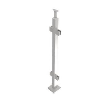 Roostevaba post 40x40 mm H1000 mm – klaasikinnitused klaasile 8,76 mm, käsipuukinnitus sileda pinnaga, reapost, ankruplaadil (satiin, AISI 304)