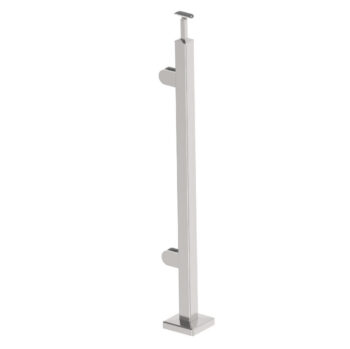 Roostevaba post 40x40 mm H1000 mm – klaasikinnitused klaasile 8,76 mm, käsipuukinnitus Ø42,4 mm torule, vasak algus/lõpp post, ankruplaadil (satiin, AISI 304)