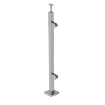 Roostevaba post 40x40 mm H1000 mm – klaasikinnitused klaasile 8,76 mm, käsipuukinnitus Ø42,4 mm torule, parem algus/lõpp, ankruplaadil (satiin, AISI 304)