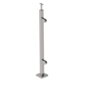 Roostevaba post 40x40 mm H1000 mm – klaasikinnitused klaasile 8,76 mm, käsipuukinnitus Ø42,4 mm torule, parem algus/lõpp, ankruplaadil (satiin, AISI 304)