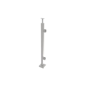 Roostevaba post 40x40 mm H1000 mm – klaasikinnitused klaasile 8,76 mm, käsipuukinnitus sileda pinnaga, algus/lõpp post (parem), ankruplaadil (satiin, AISI 304)