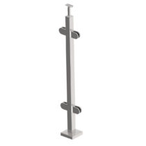 Roostevaba post 40x40 mm H1000 mm – klaasikinnitused klaasile 8,76 mm, käsipuukinnitus Ø42,4 mm torule, reapost, ankruplaadil (satiin, AISI 304)