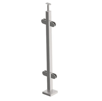 Roostevaba post 40x40 mm H1000 mm – klaasikinnitused klaasile 8,76 mm, käsipuukinnitus Ø42,4 mm torule, reapost, ankruplaadil (satiin, AISI 304)