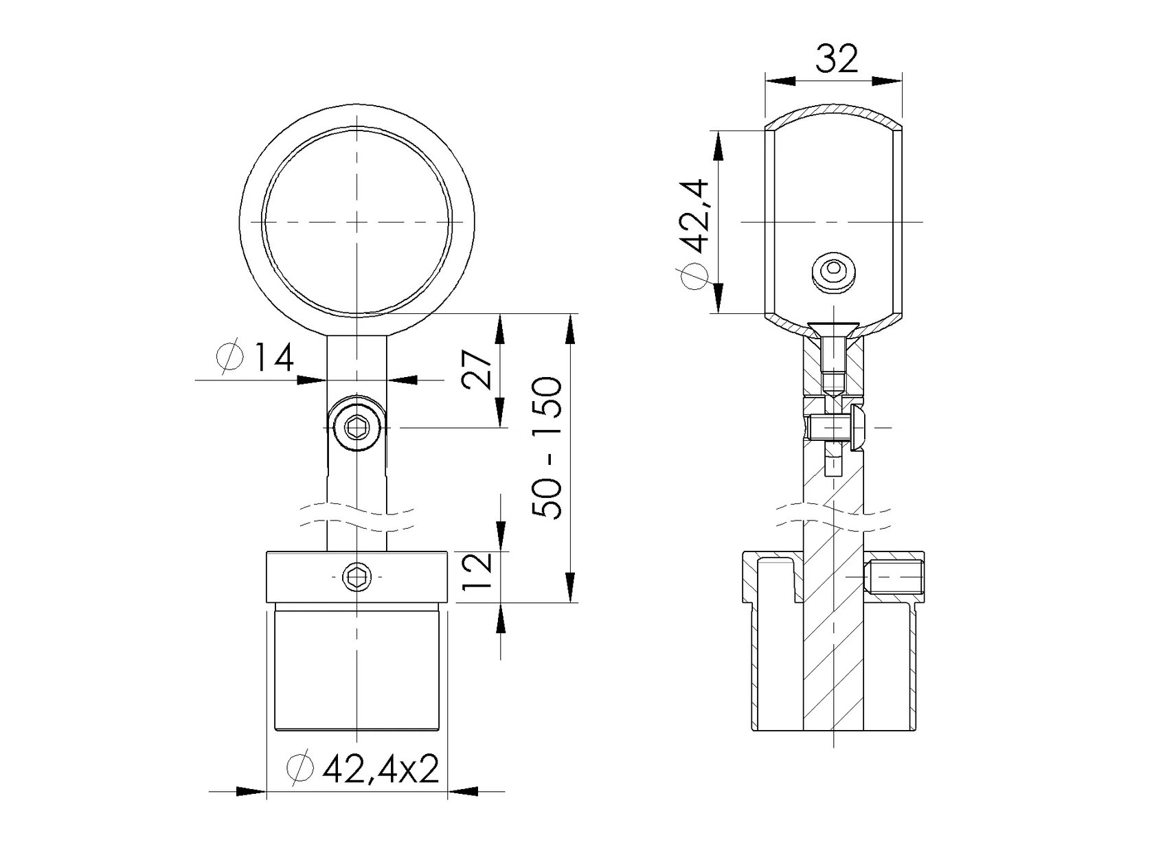 Reguleeritav käsipuu kandur H50-150 mm